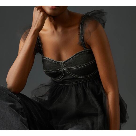 NWT Anthropologie Pilcro Sheer Tulle Babydoll Blouse Top Black Denim Corset XS - Picture 14 of 16